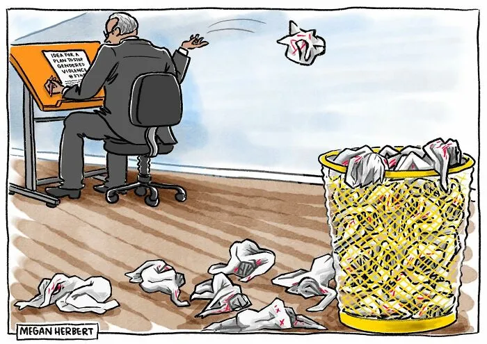 Cartoonist drawing and discarding ideas on gun violence for ironic comics