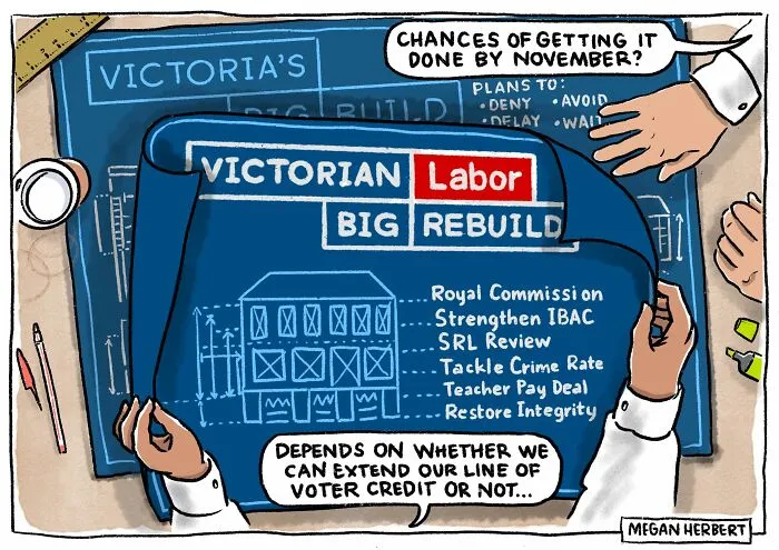 Cartoon about Victorian Labor Big Build plans and voter credit uncertainty