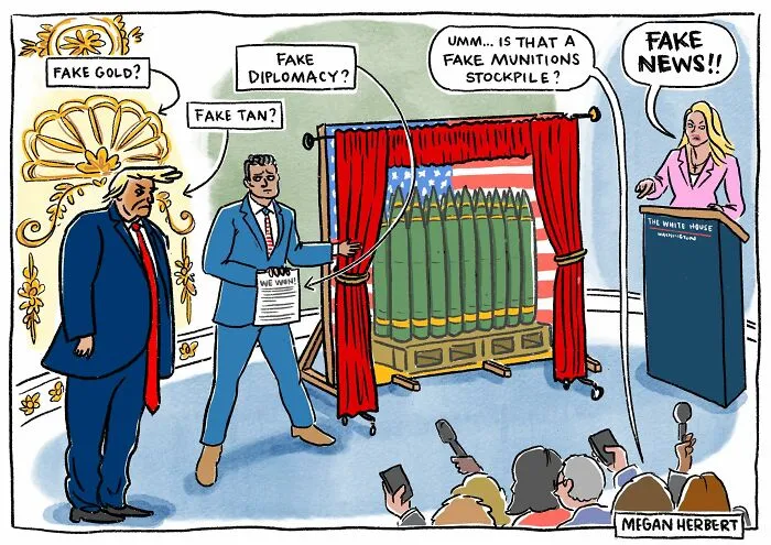 Political cartoon on fake news and diplomacy with fake gold and fake munitions