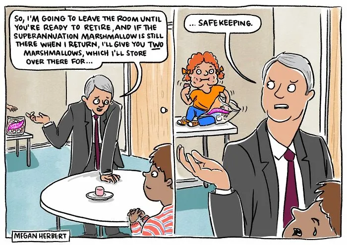 Cartoonist depicts retirement planning with humorous marshmallow superannuation analogy