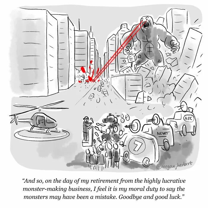 Cartoon of monster attack with media covering the scene and a retirement statement