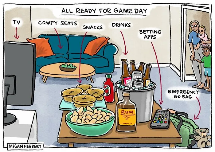 Cartoon of game day setup with comfy seats, snacks, drinks, and betting apps on table