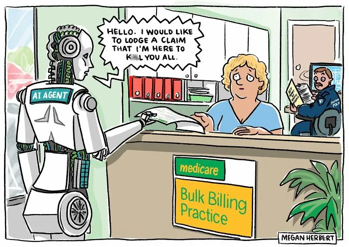 AI agent lodges a claim at medicare bulk billing practice in a satirical cartoon