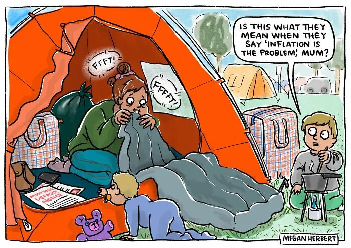 Mom inflating air mattress while child asks about inflation in humorous cartoon