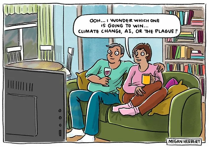 Couple discusses climate change AI and plague on couch in cartoon about life’s ironies