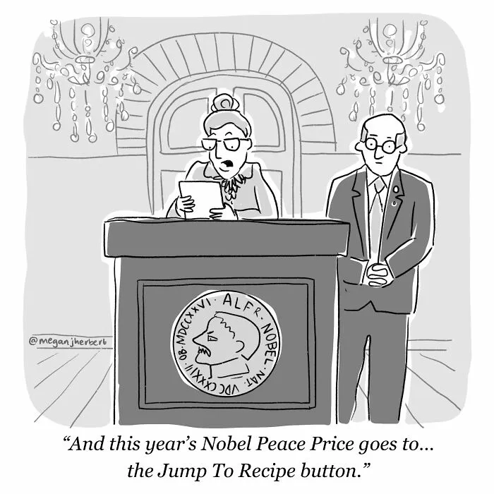 Cartoonist satirizes Nobel Peace Prize award with humor on jump to recipe button