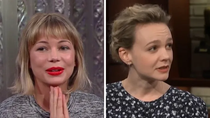 Side-by-side comparison of celebrity lookalikes Michelle Williams and Carey Mulligan