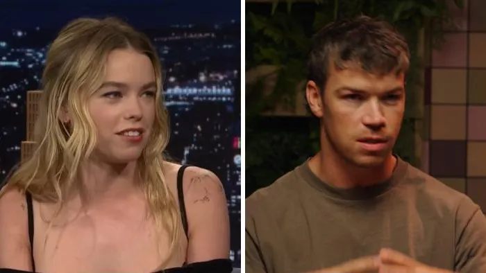 Side-by-side comparison of celebrity lookalikes Milly Alcock and Connor Jessup.