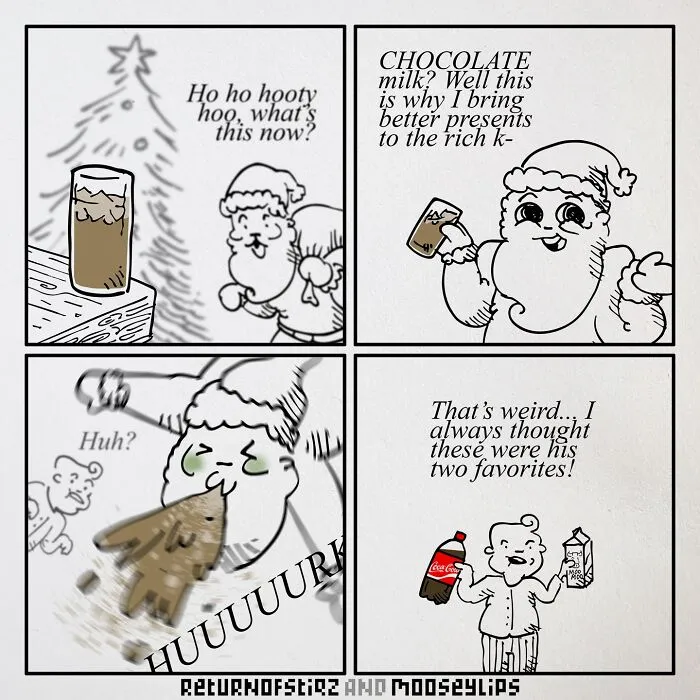 Humorous comic strip depicting Santa Claus having a hilarious reaction to a drink, filled with silly humor.
