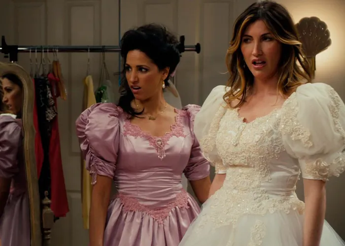 Adam Sandler standing between two women shaking hands in a movie set scene.