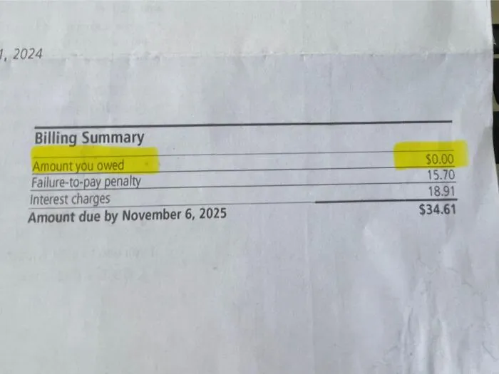 Absurd bill showing a failure to pay penalty and interest on an initial balance of zero dollars.