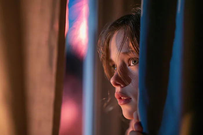 A girl peering nervously through curtains, showing uncomfortable things spotted in someone's home.