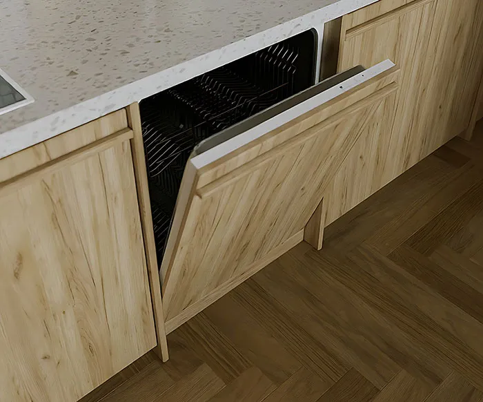 An open integrated dishwasher built into light wood kitchen cabinets in someone's home.