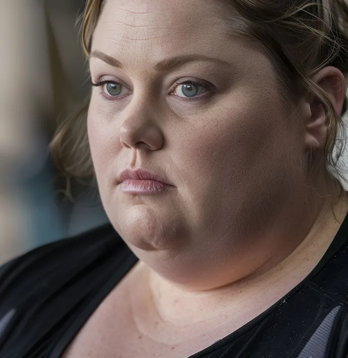 A woman with a serious expression looking away in someone's home.