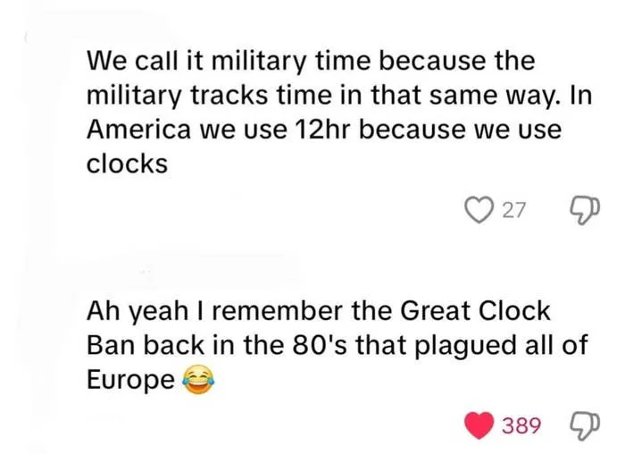 Funny comment thread about military time and clocks illustrating freedom of speech funny moments.