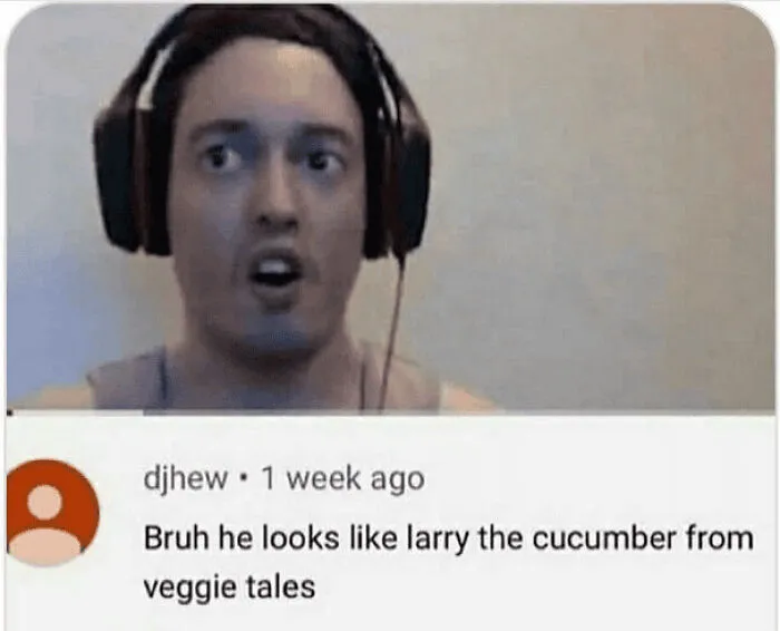 A streamer looking shocked, paired with one of the funny insults comparing him to a cartoon cucumber.