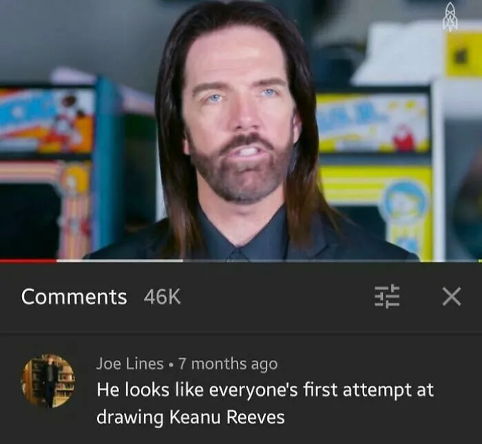 A man with long dark hair and a beard with funny and oddly accurate insults comparing him to a Keanu Reeves drawing.