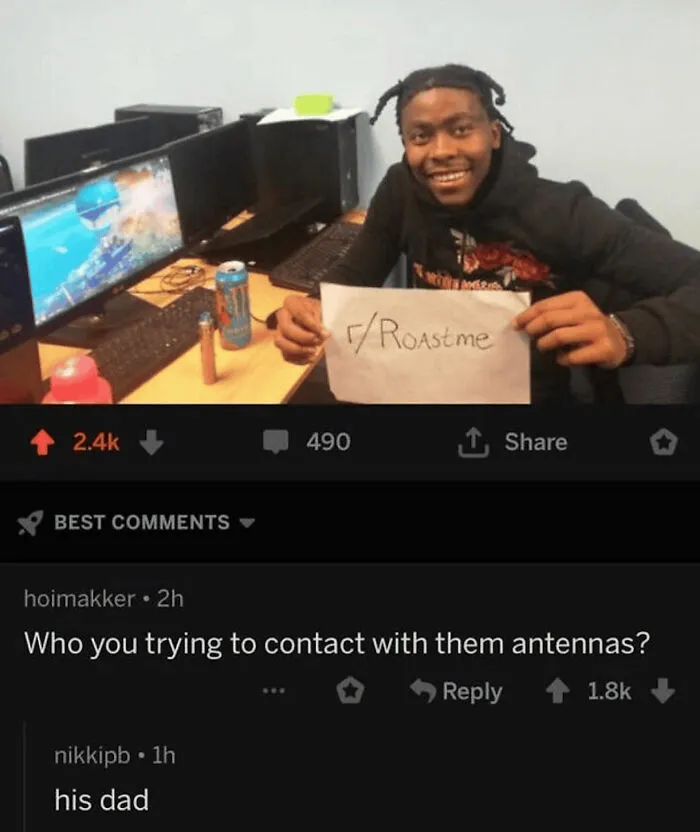 A social media roast joke that includes oddly accurate insults about a man hair looking like antennas