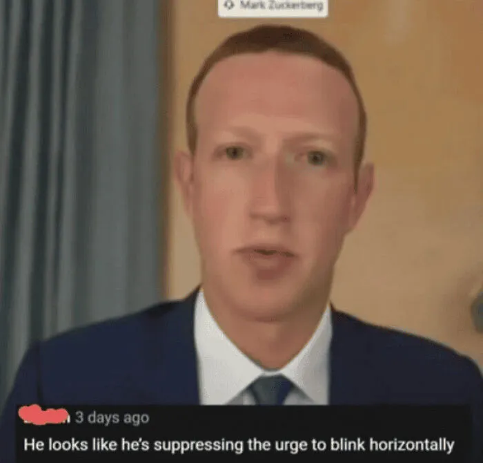 An image of Mark Zuckerberg with a funny and oddly accurate insult about him blinking horizontally.