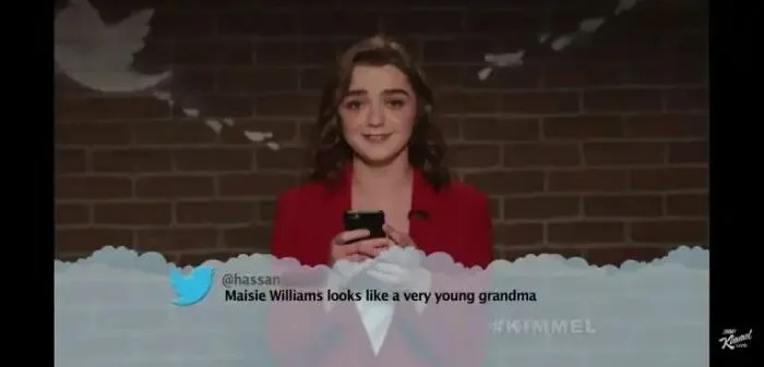 A tweet featuring a funny insult about Maisie Williams looking like a young grandma.