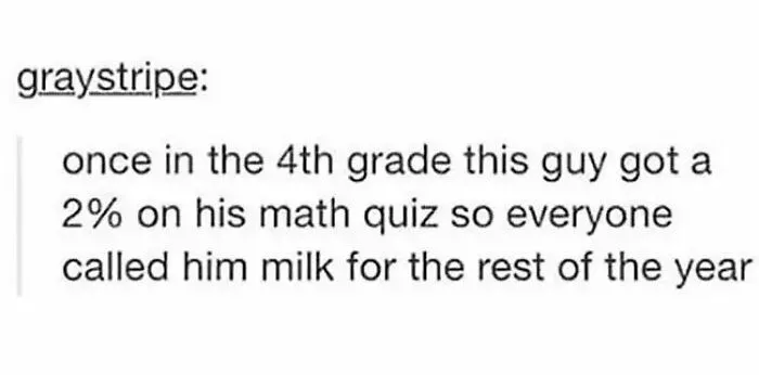 A humorous post about a kid getting 2 percent on a math quiz and being nicknamed milk.