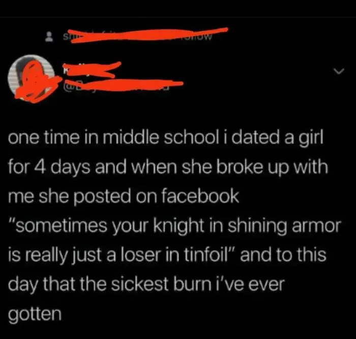 Social media screenshot showing a creative and funny relationship insult about a knight in tinfoil.