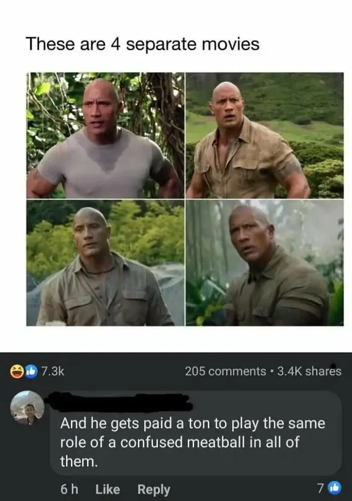 A meme comparing four movies featuring Dwayne Johnson with funny insults in the comments calling him a confused meatball.