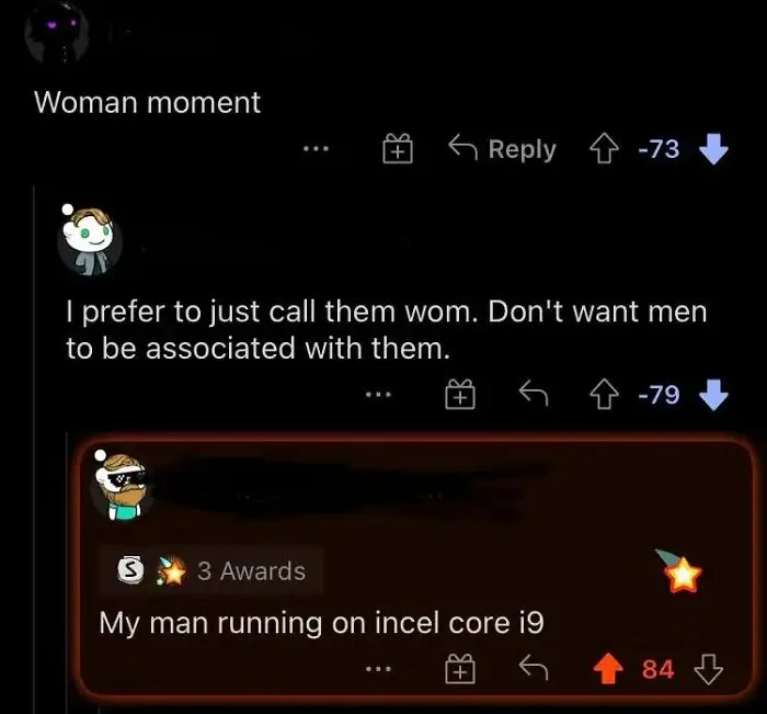 An online discussion showcasing funny insults aimed at a sexist comment, calling the user out.