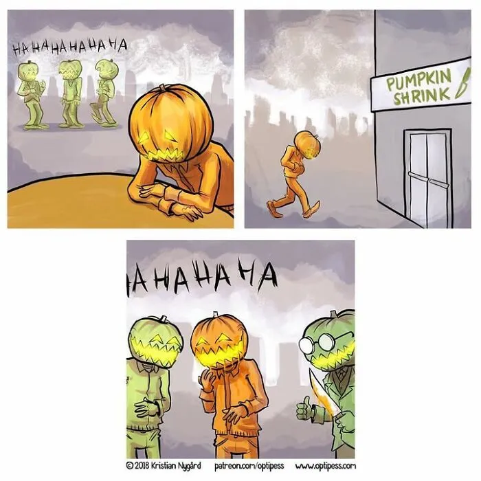 A dark humor comic showing a jack-o-lantern person visiting a therapist to get a carved smile.