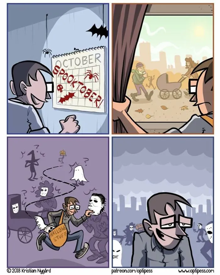 A dark humor comic panel showing a man decorating people with spooky masks for Spooktober.