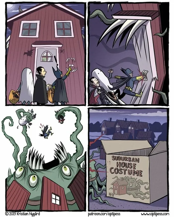 A dark humor comic showing trick-or-treaters at a house that turns out to be a monster costume.
