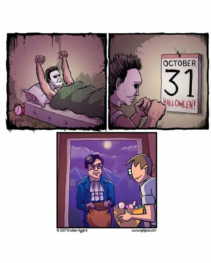 A Halloween dark humor comic by Kristian Nygård showing Michael Myers waking up excited to go trick-or-treating.