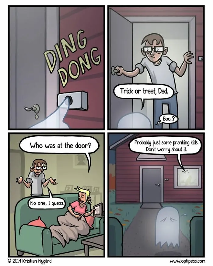 Dark humor comic by Kristian Nygård featuring a sad ghost trick-or-treating at his former home on Halloween.