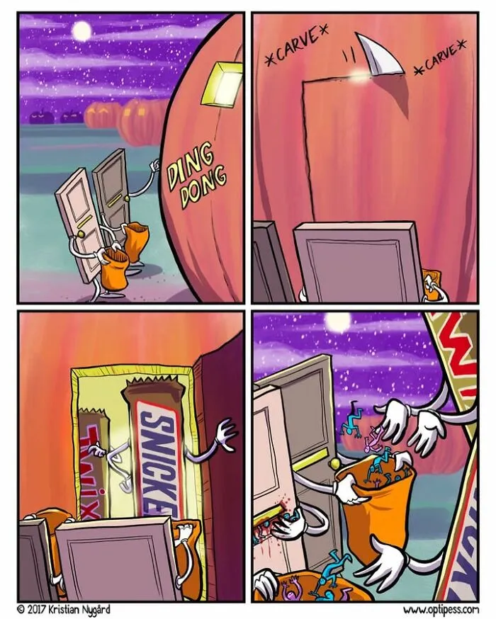 A dark humor Halloween comic by Kristian Nygard showing living doors trick-or-treating at a pumpkin house for candy.