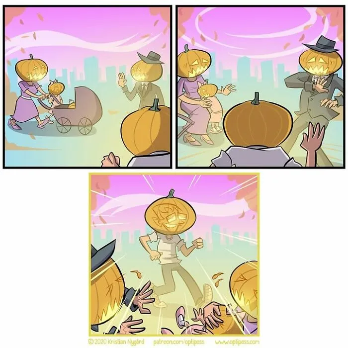 A dark humor Halloween comic by Kristian Nygard showing pumpkin-headed people terrified of a glowing human head.