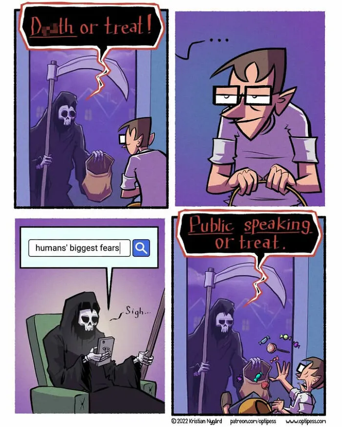 A dark humor comic panel by Kristian Nygard featuring Grim Reaper changing trick or treat greeting for Halloween.