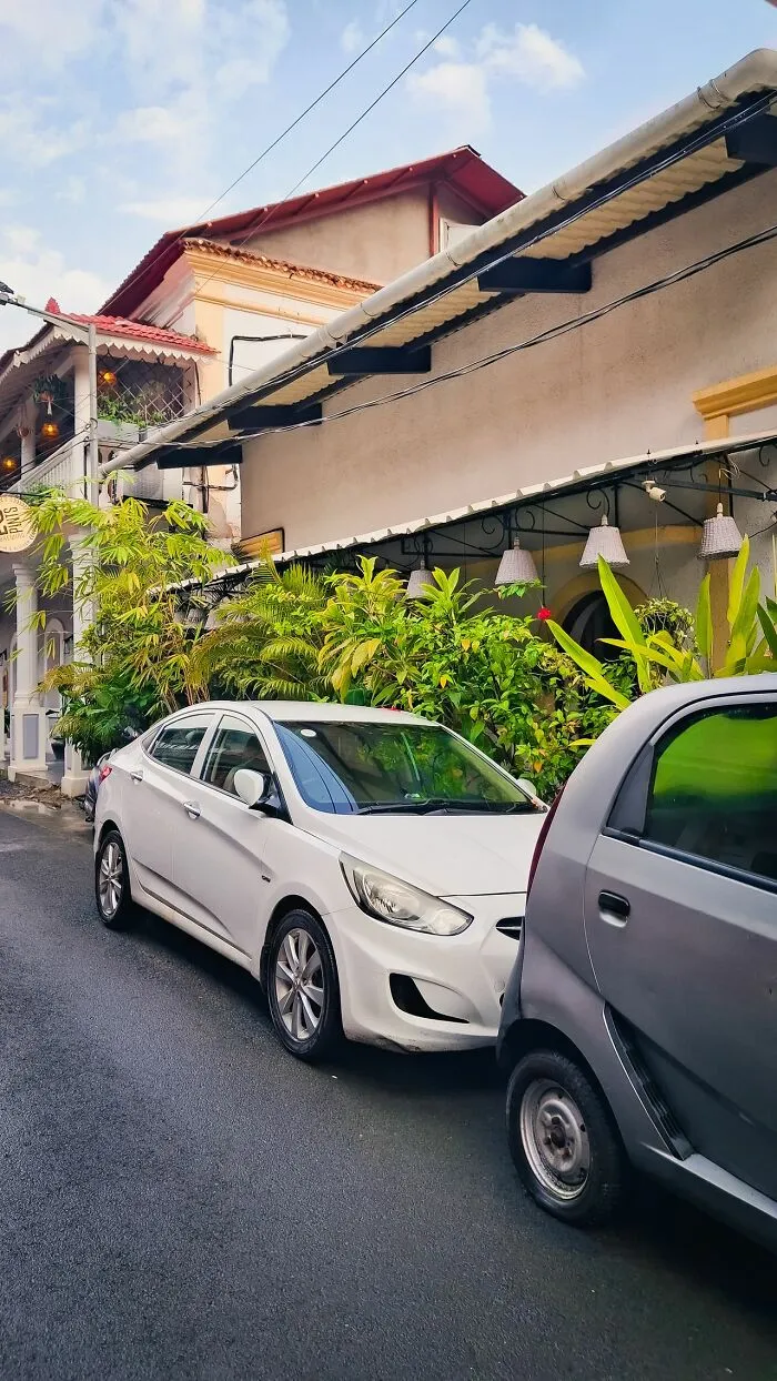 Cars parked closely on street reflecting neighborhood with Karen stories