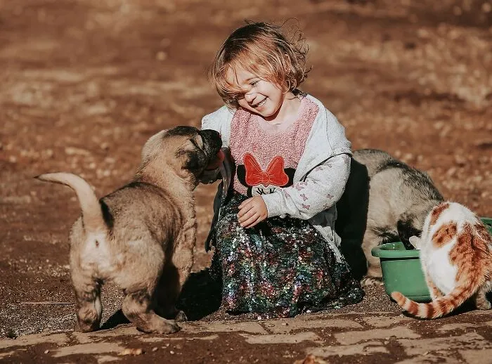 A young girl smiling and playing outdoors with puppies and a cat, sharing hidden moments.