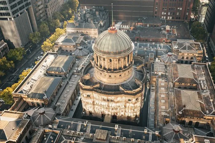 Aerial view of a dome-topped government building representing unusual laws and legal loopholes.