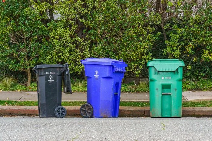 Three colorful trash bins lined up on a curb, related to funny revenge stories