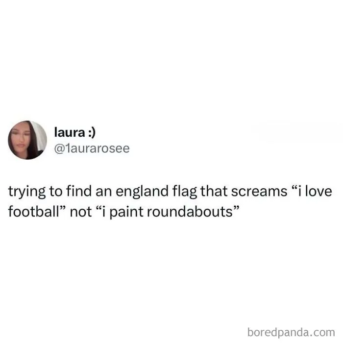 Social media post about being British discussing the England flag, football, and roundabouts.