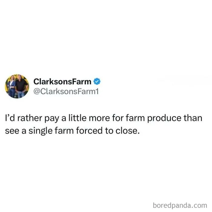 A post about being British with text from ClarksonsFarm supporting local farm produce.