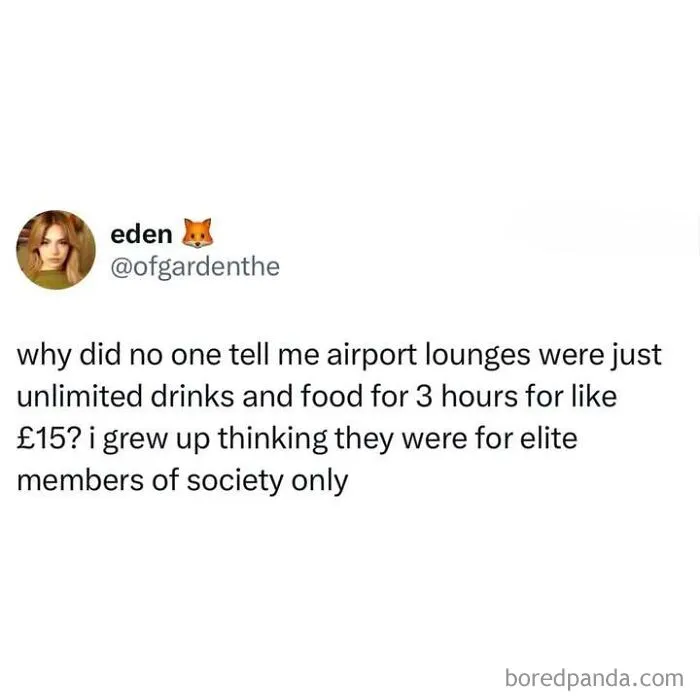 A funny tweet in a list of memes about being British, discussing affordable airport lounges.