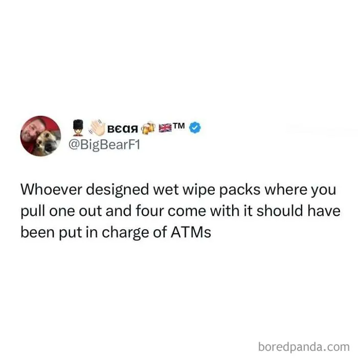 A relatable tweet featured in memes about being British, joking about wet wipe packets and ATMs.