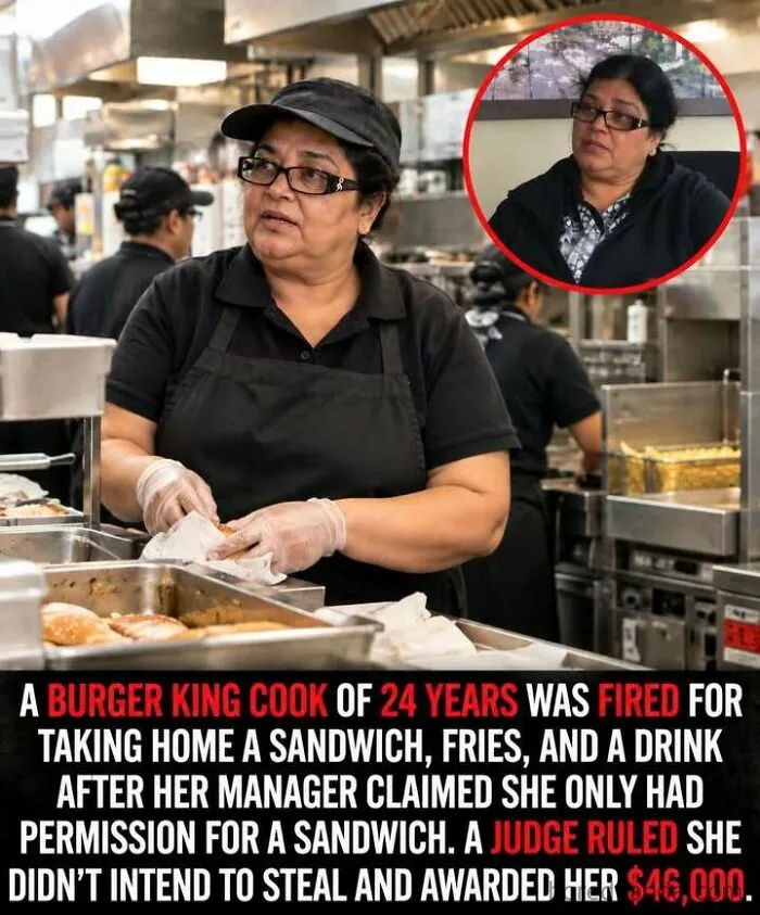 Burger King cook fired after 24 years but won $46,000 for wrongful accusation of stealing food.