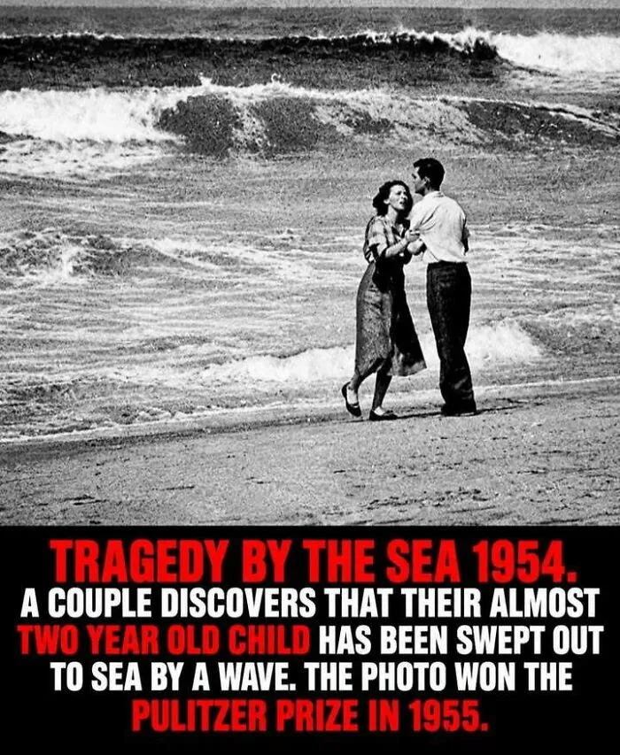 1954 black and white photo of a couple discovering their child swept out to sea, Pulitzer Prize winner.