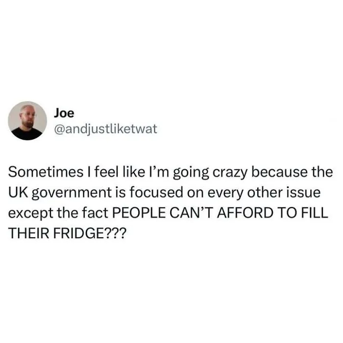 Social media post highlighting issues of being British and the UK government cost of living.