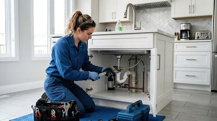 A female plumber fixing a kitchen sink pipe, representing trade jobs.
