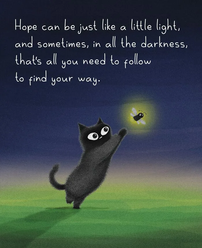 Uplifting cat illustration by Luis Coelho showing a black cat reaching for a glowing firefly.