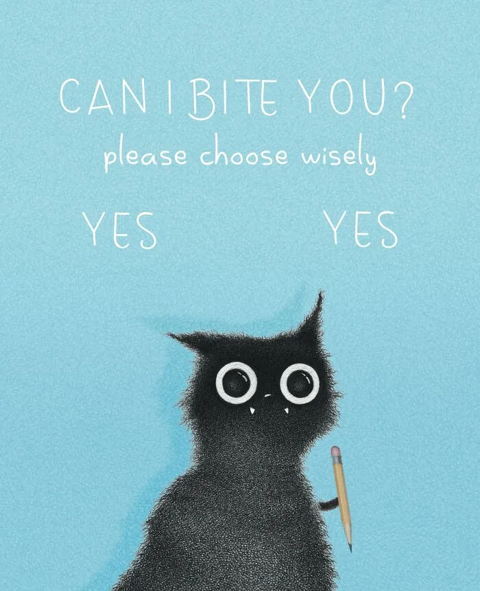 Black cat holding a pencil next to text options in clever cat illustrations by Luis Coelho.